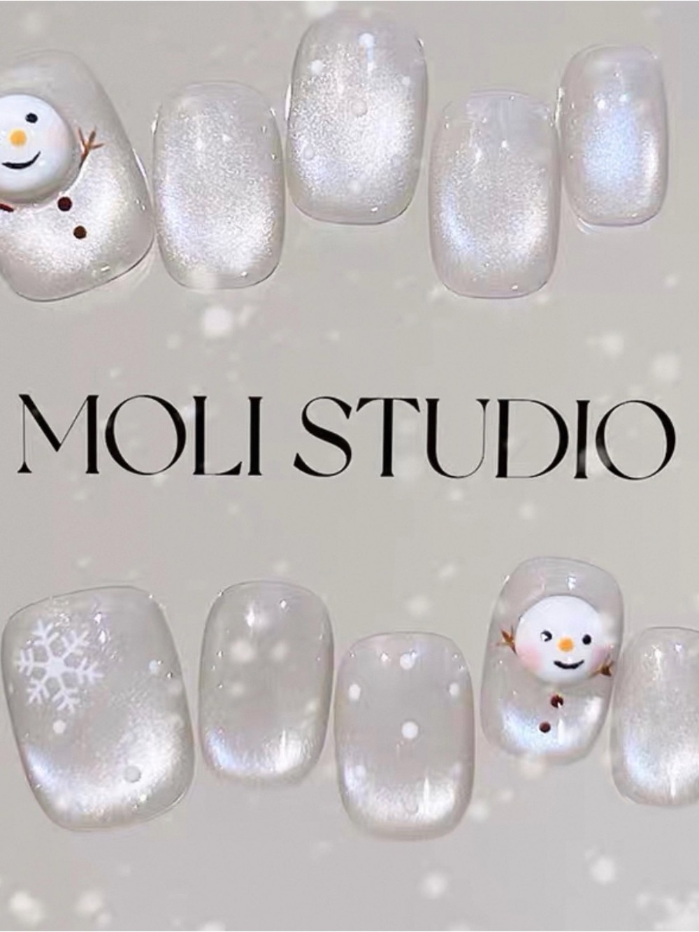 Mois Studio Pearlescent White Snowman & Snowflake Press-On Nails size M